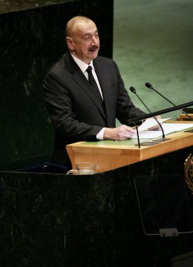 UNGA 80 Genel Kurul Müzakeresi. 25 Eylül 2025, New York, ABD: Azerbaycan Cumhuriyeti Cumhurbaşkanı Ekselansları İlham Heydar oğlu Aliyev UNGA 80 Genel Kurul Toplantısına seslendi. (niyi fote\ theenews2)   