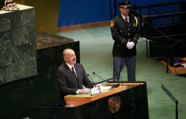 UNGA 80 Genel Kurul Müzakeresi. 25 Eylül 2025, New York, ABD: Azerbaycan Cumhuriyeti Cumhurbaşkanı Ekselansları İlham Heydar oğlu Aliyev UNGA 80 Genel Kurul Toplantısına seslendi. (niyi fote\ theenews2)   