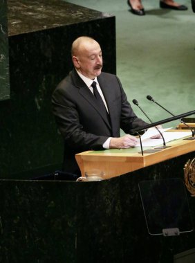UNGA 80 Genel Kurul Müzakeresi. 25 Eylül 2025, New York, ABD: Azerbaycan Cumhuriyeti Cumhurbaşkanı Ekselansları İlham Heydar oğlu Aliyev UNGA 80 Genel Kurul Toplantısına seslendi. (niyi fote\ theenews2)   