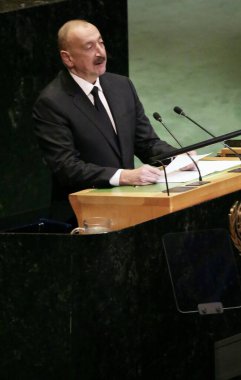 UNGA 80 Genel Kurul Müzakeresi. 25 Eylül 2025, New York, ABD: Azerbaycan Cumhuriyeti Cumhurbaşkanı Ekselansları İlham Heydar oğlu Aliyev UNGA 80 Genel Kurul Toplantısına seslendi. (niyi fote\ theenews2)   