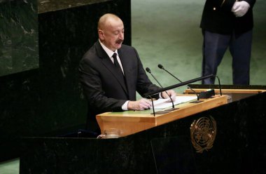UNGA 80 Genel Kurul Müzakeresi. 25 Eylül 2025, New York, ABD: Azerbaycan Cumhuriyeti Cumhurbaşkanı Ekselansları İlham Heydar oğlu Aliyev UNGA 80 Genel Kurul Toplantısına seslendi. (niyi fote\ theenews2)   