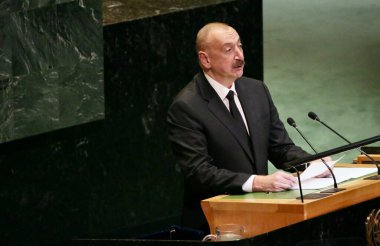 UNGA 80 Genel Kurul Müzakeresi. 25 Eylül 2025, New York, ABD: Azerbaycan Cumhuriyeti Cumhurbaşkanı Ekselansları İlham Heydar oğlu Aliyev UNGA 80 Genel Kurul Toplantısına seslendi. (niyi fote\ theenews2)   