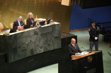 UNGA 80 Genel Kurul Müzakeresi. 25 Eylül 2025, New York, ABD: Azerbaycan Cumhuriyeti Cumhurbaşkanı Ekselansları İlham Heydar oğlu Aliyev UNGA 80 Genel Kurul Toplantısına seslendi. (niyi fote\ theenews2)   