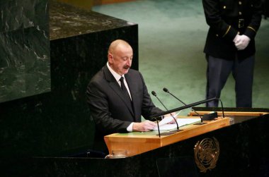 UNGA 80 Genel Kurul Müzakeresi. 25 Eylül 2025, New York, ABD: Azerbaycan Cumhuriyeti Cumhurbaşkanı Ekselansları İlham Heydar oğlu Aliyev UNGA 80 Genel Kurul Toplantısına seslendi. (niyi fote\ theenews2)   
