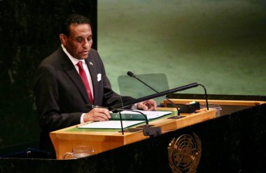 UNGA 80 Genel Kurul Müzakeresi. 25 Eylül 2025, New York, ABD: Sudan Cumhuriyeti Geçici Başbakanı Ekselansları Kamil El-Tayeb Idris UNGA 80 Genel Kurul Toplantısına seslendi. (niyi fote\ theenews2)  