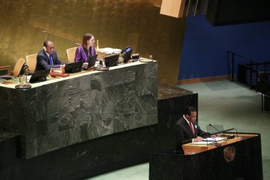 UNGA 80 Genel Kurul Müzakeresi. 25 Eylül 2025, New York, ABD: Sudan Cumhuriyeti Geçici Başbakanı Ekselansları Kamil El-Tayeb Idris UNGA 80 Genel Kurul Toplantısına seslendi. (niyi fote\ theenews2)  
