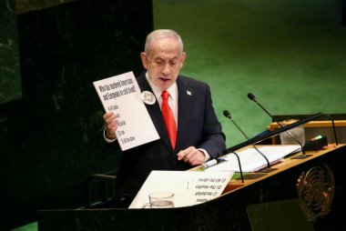 26 Eylül 2025, New York, ABD: İsrail Devleti Başbakanı Ekselansları Benjamin Netanyahu BM genel merkezinde gerçekleşen UNGA 80 Genel Kurul Müzakeresi 'ne hitaben bir konuşma yaptı (niyi fote / thews2)