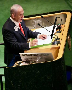 26 Eylül 2025, New York, ABD: İsrail Devleti Başbakanı Ekselansları Benjamin Netanyahu BM genel merkezinde gerçekleşen UNGA 80 Genel Kurul Müzakeresi 'ne hitaben bir konuşma yaptı (niyi fote / thews2)