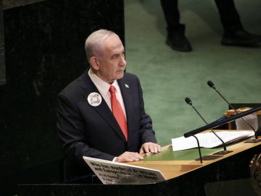 26 Eylül 2025, New York, ABD: İsrail Devleti Başbakanı Ekselansları Benjamin Netanyahu BM genel merkezinde gerçekleşen UNGA 80 Genel Kurul Müzakeresi 'ne hitaben bir konuşma yaptı (niyi fote / thews2)