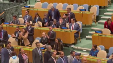 26 Eylül 2025, New York, ABD: İsrail Devleti Başbakanı Ekselansları Benjamin Netanyahu, New York 'taki BM karargahında gerçekleşen UNGA 80 Genel Kurul Toplantısına hitaben bir konuşma yaptı..