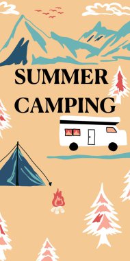 Vector illüstrasyon ile yaz kampı mektupları dağlar, çadır ve karavan ile