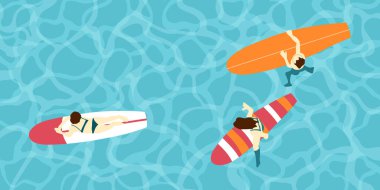 Sörf tahtaları üzerinde denizdeki insanların vektör çizimi