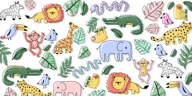 Farklı hayvan ve bitkilerin kusursuz temsili, parlak renkler, beyaz arkaplan, çizgi film el çizim stili