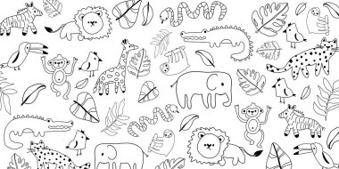 Farklı hayvan ve bitkilerin kusursuz temsili, siyah çizgili ve beyaz arkaplan, çizgi film el çizim tarzı.