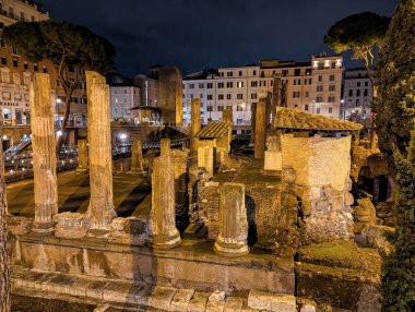 Roma Forumu 'nun büyüleyici manzarası alacakaranlıkta projektörlerin altın ışığında yıkandı. İtalya 'nın Roma kentindeki bu ikonik tarihi mekan turistler için görülmesi gereken bir yer..