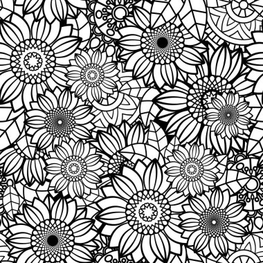 Ayçiçeği desensiz arka plan. Çiçekli siyah-beyaz vektör çizimi. Duvar kâğıdı, yetişkin boyama kitapları, çarpık kağıt ve kumaş için mükemmel. 