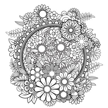 Çiçek desenli yetişkin renklendirme sayfa. Siyah ve beyaz doodle çelenk. Çiçek mandala. Buket hat sanat vektör illüstrasyon izole beyaz arka plan üzerinde. Yuvarlak tasarım öğesi