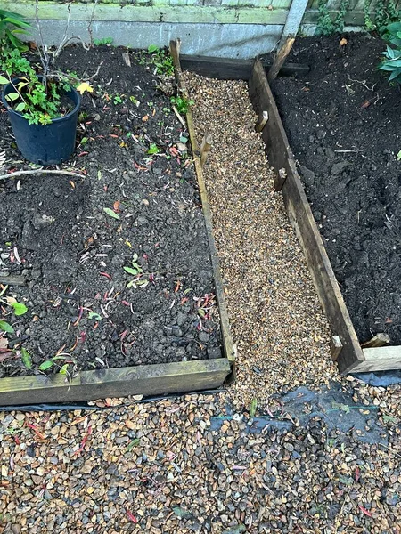 Landscape of building garden project of raised bed paths with wood planking as edging to border organic growing plots, black ground cover sheeting on pathway with gravel to complete the lanes outdoors