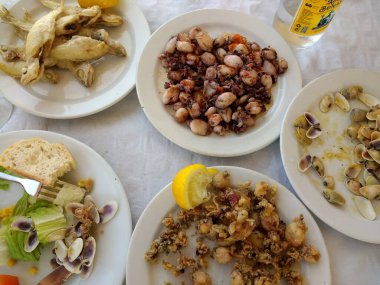 İspanyol istiridye ve karides denizinden taze kabuklu deniz ürünleri ve limon ve salata tabağı salatalı balık yakalamak için beyaz tabaklar üzerinde servis edilen keten kumaş masa düz manzaralı. 