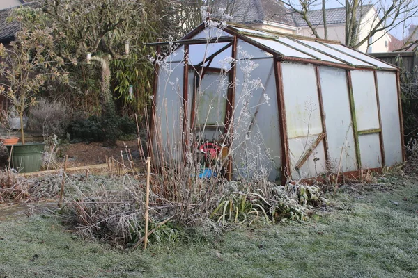 Winter Landscape Garden Greenhouse Old Glass Wood Abandoned Building Frozen Fotos de stock