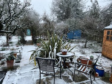 Bahçe mobilyaları, espalier ağacı, ahşap kulübe ve donmuş buzlu çevrede yol ve bitkilerin bulunduğu kar yağışlı bir bahçe.