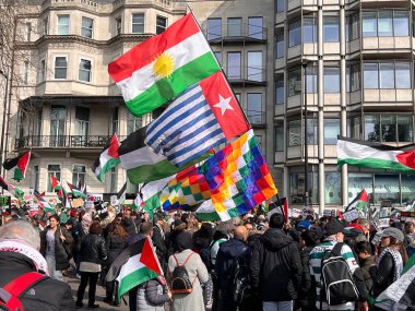 Londra, İngiltere, İngiltere - 9 Mart 2024: Hyde Park 'tan Gazze Ortadoğu' daki ateşkes için ABD büyükelçiliğine barışçıl savaş karşıtı koalisyonda renkli bayraklar ve kalabalıklar