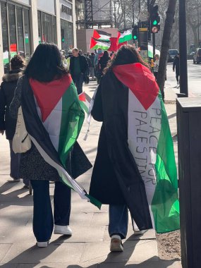Londra, İngiltere, İngiltere - 9 Mart 2024: Hyde Park 'tan Gazze Ortadoğu' daki ateşkes için ABD büyükelçiliğine barışçıl savaş karşıtı koalisyonda renkli bayraklar ve kalabalıklar