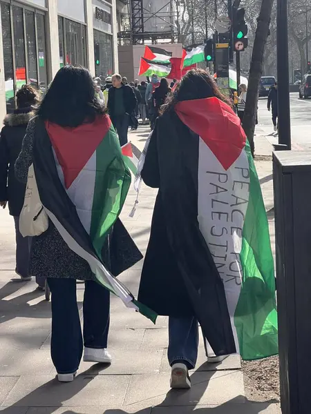 Londra, İngiltere, İngiltere - 9 Mart 2024: Hyde Park 'tan Gazze Ortadoğu' daki ateşkes için ABD büyükelçiliğine barışçıl savaş karşıtı koalisyonda renkli bayraklar ve kalabalıklar