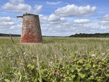 Beautiful landscape of abandoned red brick windmill in a field marsh with reeds with blue sky and white clouds wind mill by the beach on nature reserve in Walberswick Norfolk East Anglia uk in Summer clipart