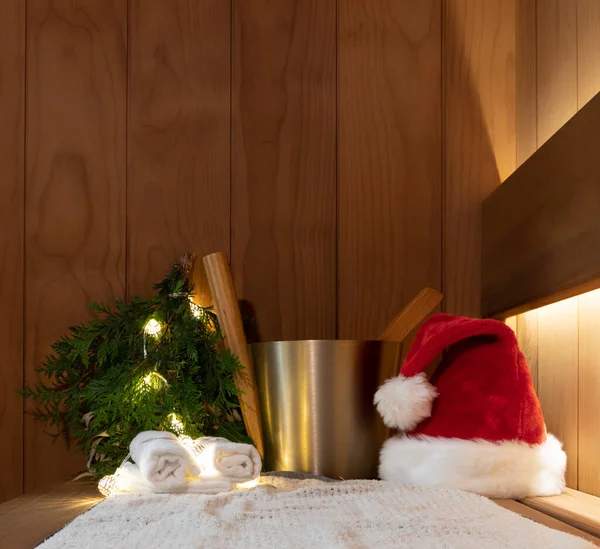 sauna accessories in the steam room. Christmas and new year, holiday vibes. Copy space