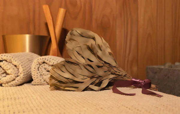 Bath accessories for the celebration of Valentine's Day. Eucalyptus broom in the shape of a heart.