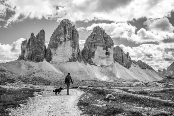 Une Femme Randonnée Solitaire Avec Son Chien Autour Des Montagnes — Photo
