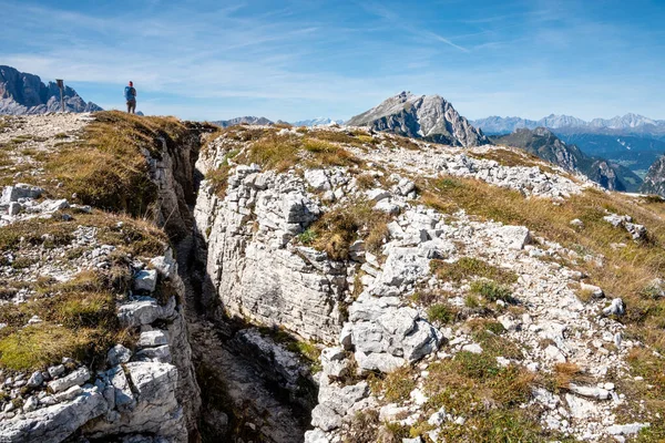 Remains of military trenches on Mount Piano in the Dolomite Alps, built during the First World War, South Tirol