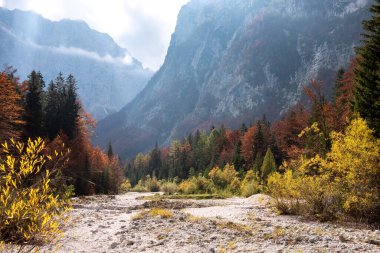 Slovenya 'nın Julian Alpleri' ndeki Triglav Ulusal Parkı 'nda sonbaharda Vrata Vadisi' nde yürüyüş yaparken