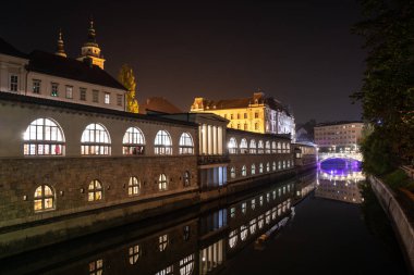Ljubljana 'daki merkez pazarının ikonik binası gece aydınlandı, arka planda Preseren' in köprüsü, Slovenya