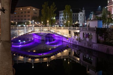 Ljubljana 'nın merkezindeki Preseren Meydanı' ndaki ünlü üç köprü, Slovenya geceleri renklerle aydınlatıldı