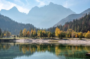 Slovenya 'nın Julian Alplerindeki Kristal Gölü' nde Manzaralı sonbahar ormanı