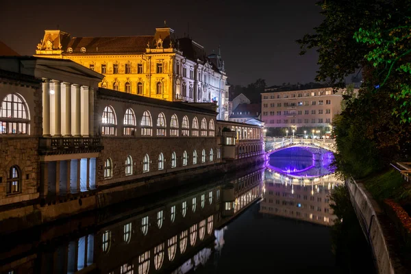 Edifício Icônico Mercado Central Liubliana Iluminado Noite Ponte Preseren Sqare — Fotografia de Stock