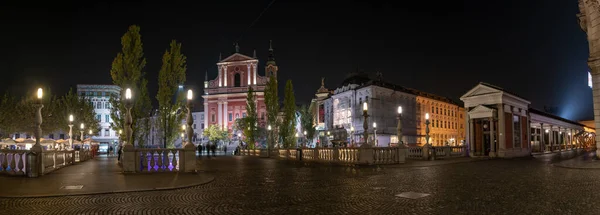 Famous Three Bridges Preseren Square Center Ljubljana Illuminated Night Slovenia — Stock Photo, Image
