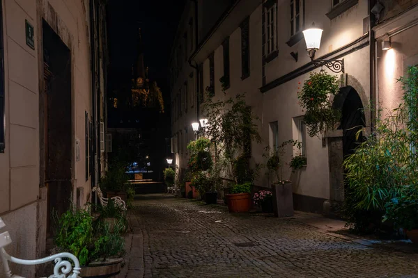 Ljubljana Daki Manzara Küçük Krizevniska Sokağı Geceleri Aydınlatılıyor Yan Taraflarında — Stok fotoğraf