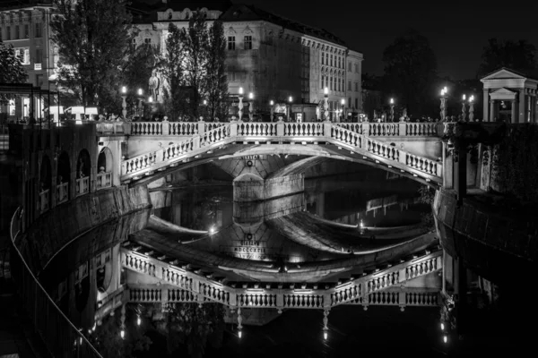 Famosos Tres Puentes Plaza Preseren Centro Liubliana Iluminados Coloridamente Por — Foto de Stock