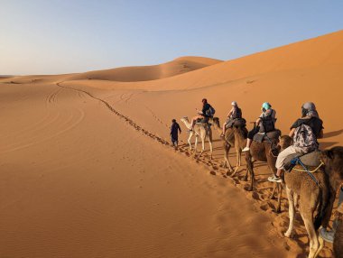 Akşamları Sahra Çölü 'nden geçen bir araba kervanı, Fas' tan Erg Chebbi.