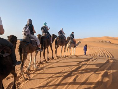 Akşamları Sahra Çölü 'nden geçen bir araba kervanı, Fas' tan Erg Chebbi.