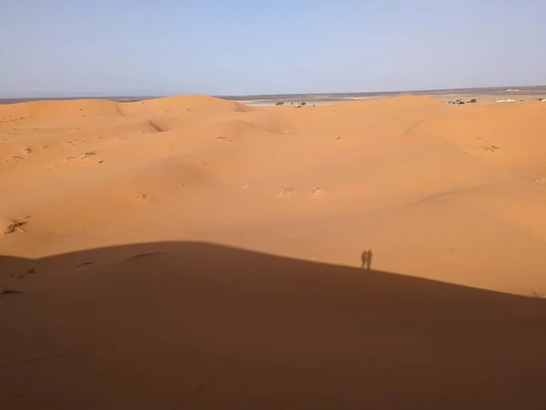 アフリカのサハラ砂漠 モロッコの砂漠で人間のチビ砂漠でメルツーガの偉大なDune上の影2人のオット — ストック写真