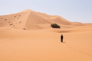 Erg Chebbi çölünde, Fas Sahra Çölü 'nde, Merzouga' nın Büyük Kumulu 'nda yürüyüş.