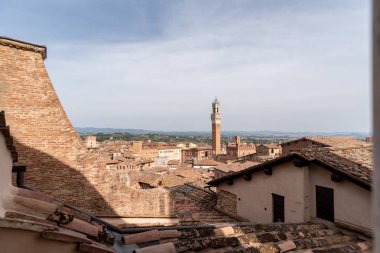 Siena 'nın çatılarından Torre Magna' ya doğru bak, İtalya 'nın Siena katedralinin çatısından görülüyor.