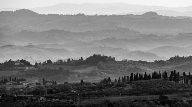 Sabahın erken saatlerinde İtalya 'nın Montaione kenti yakınlarında tepeleri ve selvileri olan tipik Toskana manzarası.