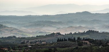 Sabahın erken saatlerinde İtalya 'nın Montaione kenti yakınlarında tepeleri ve selvileri olan tipik Toskana manzarası.