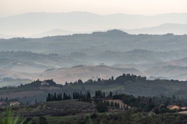 Tipik Toskana manzarası Val d Elsa 'da sabahın erken saatlerinde tepeler ve selvi ile, İtalya