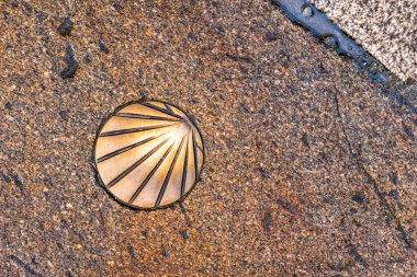 Bronz hacı kabuğu, Kuzey İspanya 'daki Galiçya' da Camino de Santiago 'yu simgeleyen, yolculuğu ve ruhaniliği simgeleyen taş bir yola gömüldü.